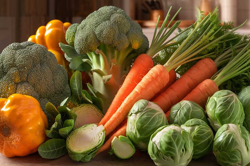 Légumes d’automne frais comme le brocoli, les carottes et les choux de Bruxelles.