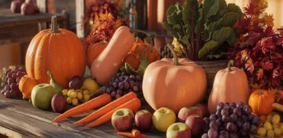 Fruits et légumes d'automne sur une table en bois rustique avec des couleurs chaudes.