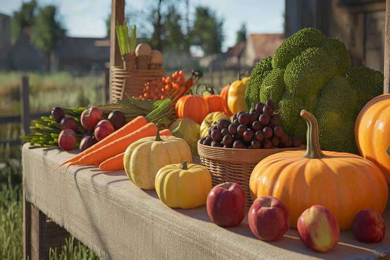 Stand de marché avec des fruits et légumes d’automne.