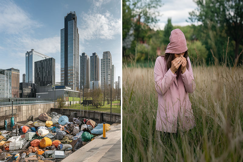 Personne exposée à des allergènes dans un environnement extérieur pollué.