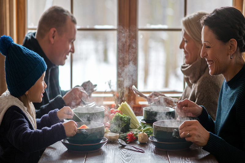 Famille partageant un repas de soupe maison autour d’une table dans une ambiance hivernale.