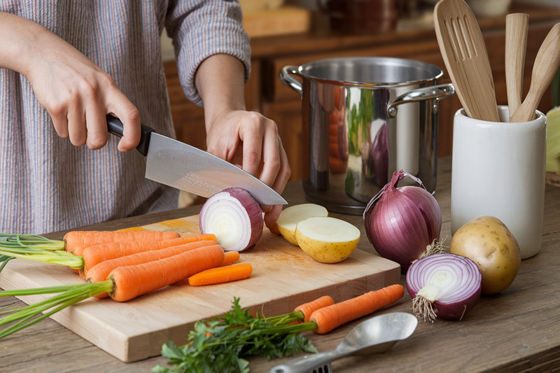 Personne préparant des légumes frais pour une soupe maison dans une cuisine.