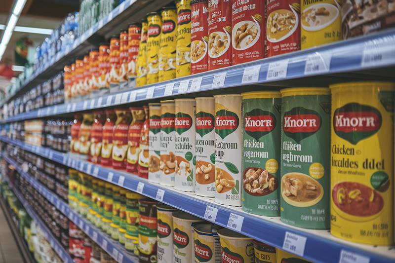 Soupe industrielle en briques et en conserves sur une étagère de supermarché.