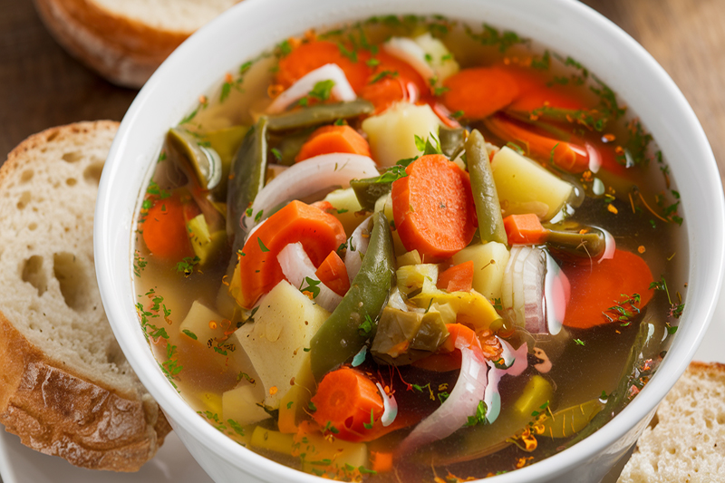 Bol de soupe colorée avec des légumes frais dans un cadre lumineux.