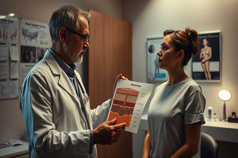 Médecin expliquant le traitement de mésothérapie à un patient avec un schéma médical.