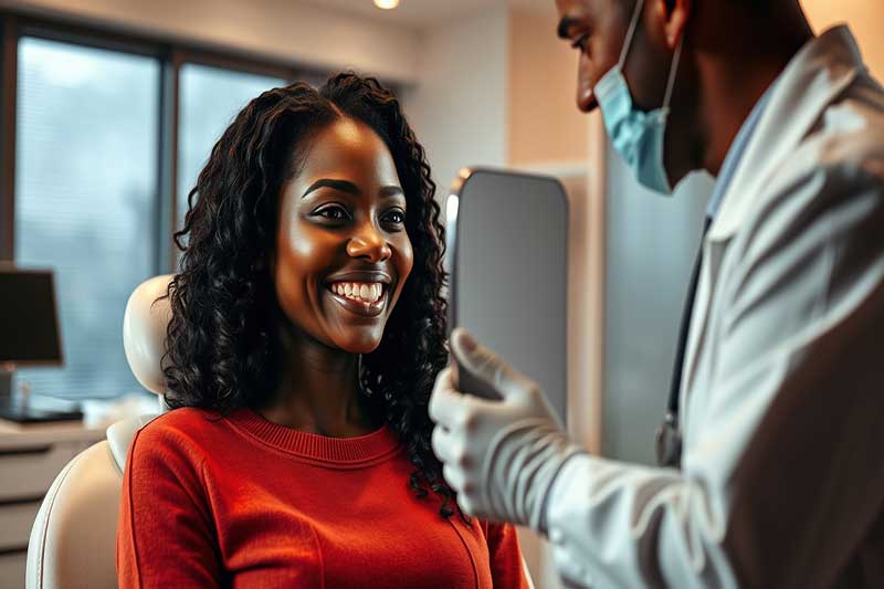 Médecin tenant un miroir à une patiente souriante, admirant les résultats de son traitement de mésothérapie dans une clinique esthétique.